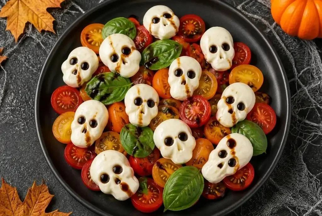 Spooky Skull Caprese Salad for Halloween with tomatoes and mozzarella