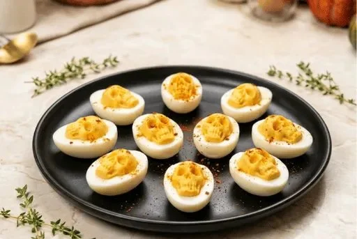 Spooky skull deviled eggs for Halloween party decoration