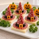 Whimsical witch hat appetizers made of salami on cream cheese squares for Halloween.