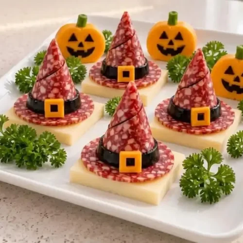 Whimsical witch hat appetizers made of salami on cream cheese squares for Halloween.