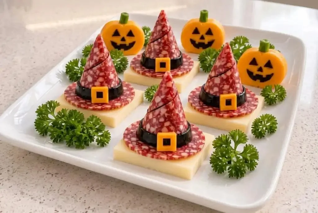 Whimsical witch hat appetizers made of salami on cream cheese squares for Halloween.